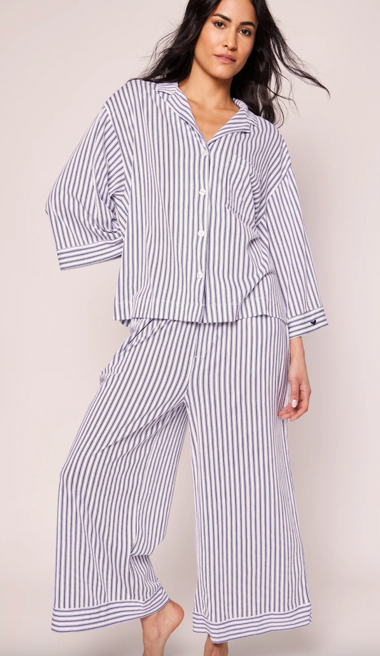 Olivia Wide Leg Pima Pajama Set in Navy French Ticking Stripe